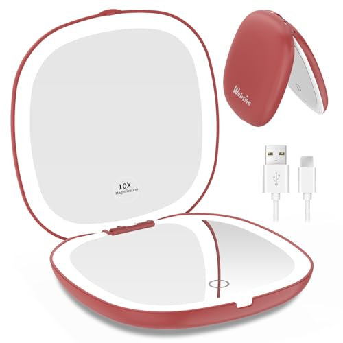 wobsion Specchio Portatile con Luce Led per Trucco,USB Ricaricabile Specchietto da Viaggio 10X / 1X ingranditore,Regolabile Luminosità Mirror da Borsetta,a Specchi illuminato Bifacciale e 750mAh,Rosso