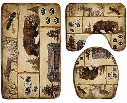 Badteppich-Set 3-Teilig Rustikale Hütte Antik Bär Elch Bauernhaus Land Vintage Holz Jagd Camping Badezimmer Vorleger 3-Teiliges Wc Vorleger Set 3 Teilig rutschfeste Badezimmer-Garnitur