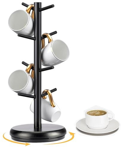 Niciksty Soporte Tazas, Soporte Giratorio de 360° para Tazas de Café con 8 Ganchos, Organizador de Tazas de Cafe de Bambú en Forma de Tazas para Tazas de Café para Estación de Café Organizador