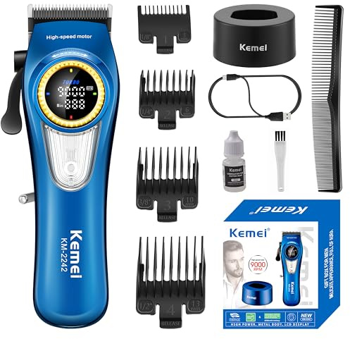 KEMEI 2242 Cortapelos profesional hombres, cortadora de pelo inalámbrica | con pantalla LED y base de carga, herramientas de corte de cabello, motor de súper par de 9000 rpm, azul