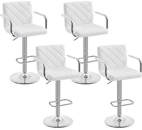 Yaheetech 4er Set Barhocker, Barstuhl höhenverstellbar, Kunstleder Gepolstert Tresenhocker 360° Drehstuhl, Küchenstuhl mit Armlehnen, Rückenlehne und Fußstütze, Weiß