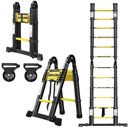 SUBTLETY Teleskopleiter 3.8m Klappleiter aus Aluminium Ausziehbar Multifunktions Leiter 12 Stufen Ausziehleiter mit Rutschfestem Gummi Mehrzweckleiter Aluleiter Belast bis 150KG (Schwarz, 1.9m+1.9m)