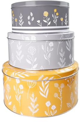 Home-Kitchen-Pets Set of 3 Nesting Airtight Cake Storage Tins with Lids – Large, Medium, and Small Food Containers for Biscuits, Sweets, and Bakery Items with Floral Yellow and Gray Pattern
