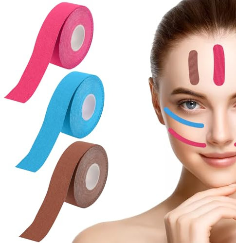 LUCKNIGHT 6 Pièces Face Taping, 2.5 cm x 5 m Face Lift Tape, Bande de Kinesiologie Visage Ride, Patch Anti Rides Visage, Unisexes For Lifting Visage and Tightening Skin (Rose, Lumiere Brune, Bleu)