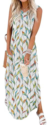 Chicrise Maxikleider Damen Sommer Ärmellos Strandkleid Lang Lässige jerseykleid mit Taschen elegant Mehrfarbig Groß 42-44