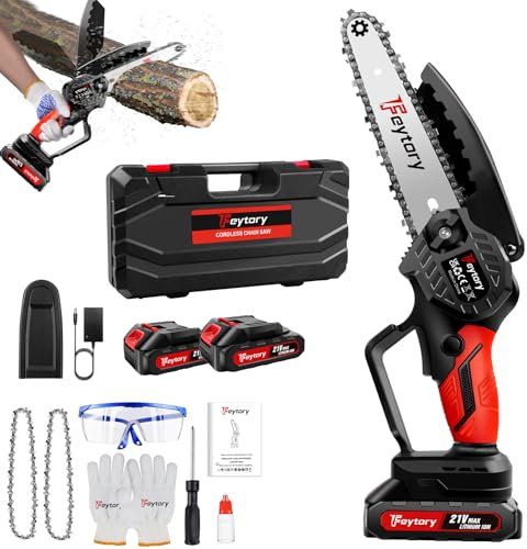 Akku Kettensäge 21V, 6 Zoll Rot Mini Kettensäge mit 2 Akkus, 2 Kette, Elektrisch Handsäge Einhand Handkettensäge mit Sicherheitsschloss für Gartenarbeit Baumbeschneidung Holzschneiden
