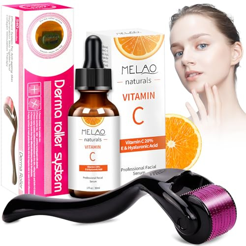 Siero Vitamina C + Derma Roller Viso 0.25 mm,Siero Viso Vitamina C 20% con Vitamina E e Acido Ialuronico,Antirughe,Antietà,Rimuove Macchie di Pigmento e Acnemici,Pelle Morbida e Luminosa,30ml