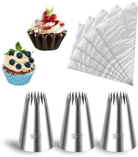 Wanmu Churro Piping Bags and Tips Set, 3 Pcs Extra Large 9FT Piping Tips with 20 Pcs Disposable Pastry Bags, Stainless Steel Open Star Pastry Tip for Eclair