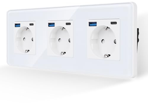 JIMEIDA 3-Steckdose Weiß,2.5D Curved Glas Platte 16Amp Schuko Steckdosen mit USB-A und Typ-C Port 2.1A Unterputz Schutzkontakt Wandsteckdose 228 * 86mm,250V