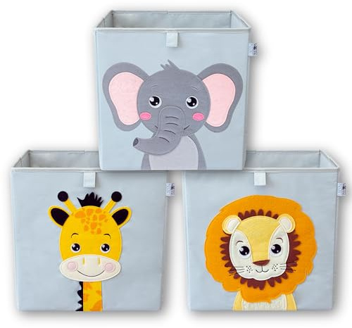 wonneklein Aufbewahrungsbox Kinder - 33x33x33 cm - Spielzeugkiste mit Tiermotiv - Ordnungsbox für Kallax Regal - Kinderzimmer Aufbewahrung - Löwe, Elefant, Giraffe