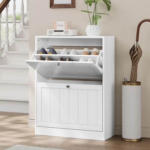 Smuxee Schuhschrank mit 2 Klappschubladen, 59,9 cm, weiß, versteckter Rillen-Design-Schrank für Eingangsbereich und Flur