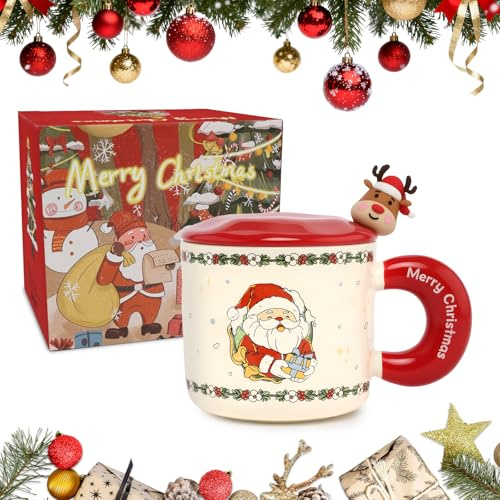 BEIUEN Weihnachtstasse 400ml mit Deckel & Löffel Weihnachtsbecher Keramik mit Weihnachtsmann Motiv Geschenkbox Mikrowellengeeignet, Spülmaschinenfest, Glühweintasse für Weihnachten
