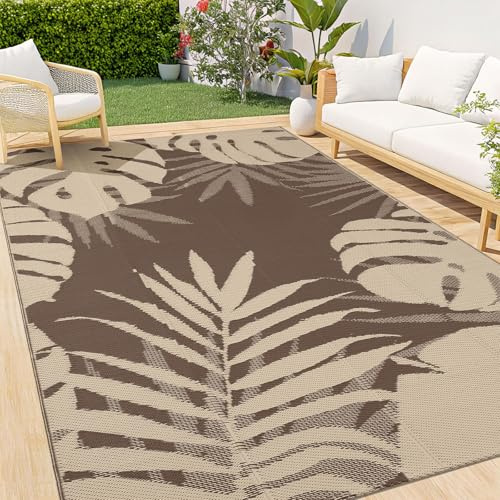 Homaxy Utomhusmatta, väderbeständig, plasthalm, vikbar, tvättbar, UV-beständig vändbar, balkong, trädgårdsmatta för terrass, camping, picknick, 120 x 180 cm, beige och brun