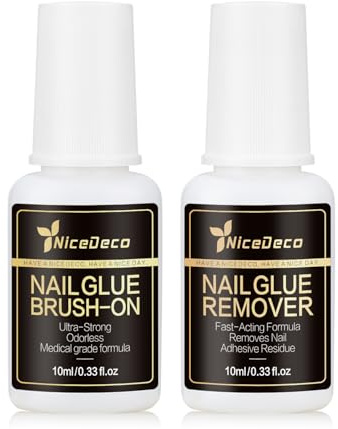 Nicedeco 2 * 10ML Odorless Nail Glue and Remover Kit, Non-Toxic Adhesive with Fast-Dry Formula & Gentle No-Smell Remover for Press-On Nails, False Nails, Acrylic Tips - No UV/LED Lamp Needed