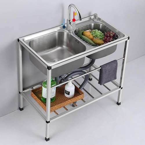 JIESOO Edelstahl-Küchenspüle Freistehend Gastronomie Außenbereich mit Doppelbecken, Warm- Und Kaltwasserhahn for Garten, Garage, Catering, Waschküche