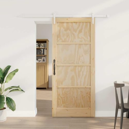 QJBSAVVA Moderne Schiebetür mit Zarge 183 x 198,5 cm aus massiver Kiefer und Stahl weiß und Natur platzsparender Lauf für Wohnzimmer Büro Flur