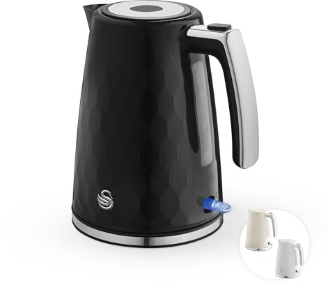 Swan Hexton 1.7L Electric Kettle, 3KW Rapid Boil, Flip Top Lid, Removable Limescale Filter, 360-Degree Base, Cord Storage, Black with Chrome Accents, SK19038BLK