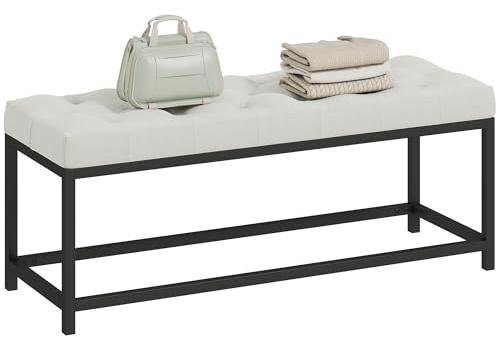 HOMCOM Banco Pie de Cama, Tapizado en Terciopelo, Banqueta para Dormitorio, Diseño Capitoné, Base de Metal, Banco para Dormitorio, Entrada, Salón, Recibidor, Crema