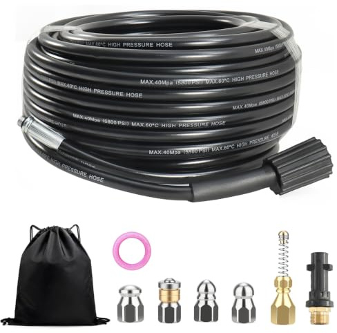 TINMAGI Desatascador Tuberias a Presion 30 m, Manguera de Limpieza de Tuberías 400 Bar/5800 PSI, Manguera Hidrolimpiadora con 5 Boquillas y Adaptador, Compatible con Karcher K2-K7