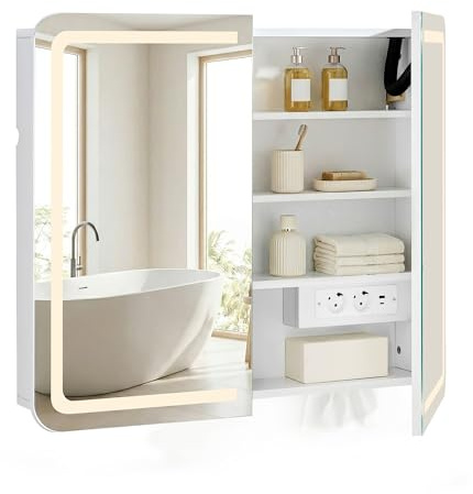 CLIPOP LED-Spiegelschrank, 2 Türen, Steckdose, Antifog, 80×70×16,5 cm | Mit Spiegel, Öffnung für Taschentuchboxen, Wandmontage, für Badezimmer, modernes Design, pflegeleicht Weiß
