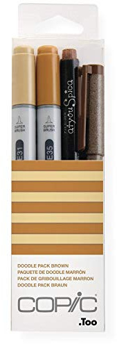 COPIC Ciao Set Doodle Pack Brown, 4er Set mit 2 Twin Marker mit einer mittelbreiten und einer Brush-Spitze inkl. Multiliner und Glitter Pen