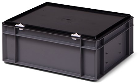 1a-TopStore Kunststoff-Stapelbox/Lagerbehälter, grau, mit schwarzem Verschlußdeckel, 400x300x156 mm (LxBxH), stabile Industrie-Ausführung!