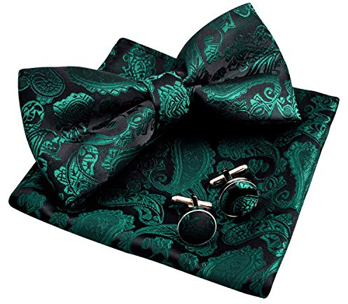 Alizeal Mens Paisley Bow Tie, Pocket Square, Cufflinks Set (Dark Green)