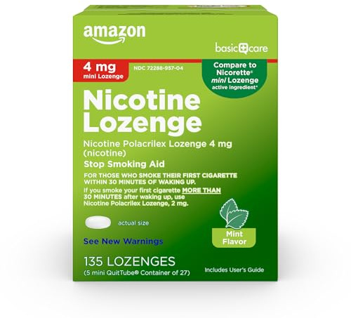 Amazon Basic Care Mini Nicotine Polacrilex Lozenge, 4 mg, Mint Flavor, Stop Smoking Aid, Reduces Withdrawal Symptoms, Smoking Cessation, 135 Count