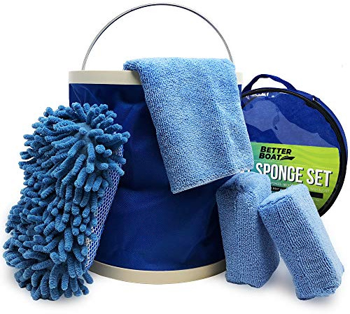 Esponjas limpiadoras de Barcos y Lavado de Coche, Cubo de Esponja de Microfibra antiarañazos y paños de Microfibra completos para Asientos Interiores y Exteriores, Kit de Limpieza de Casco de Barco y