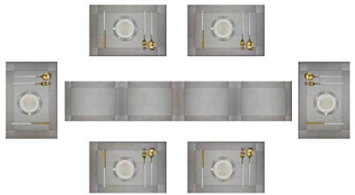 Eageroo Camino de Mesa y Manteles Individuales Juego de 6, Antideslizante Resistente al Calor para de PVC la Mesa de Comedor de Cocina, Vinilo Place Mats, 45x30cm (Nuevo Plata 6+1)