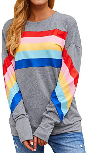 Dresswel damer regnbåge sweatshirt randig tröja tröja tröja färgblock långärmad skjorta blus eleganta toppar, GRÅ, M
