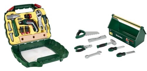 Theo Klein 8394 Bosch Ixolino Koffer I Mit Hammer, Schraubenschlüssel und vielem mehr I Maße: 26,6cm x 32cm x 8,8cm & 8573 Bosch Werkzeug-Box I 7-teiliges Werkzeug-Set I Maße: 30,25cm x 14cm x 17,25cm