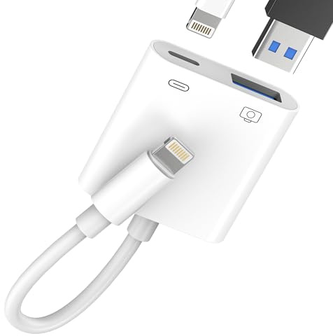 USB Camera Adapter with Charging Port, Lighting to USB Female Adapter Compatible with iOS, OTG Data Sync Cable, Plug and Play