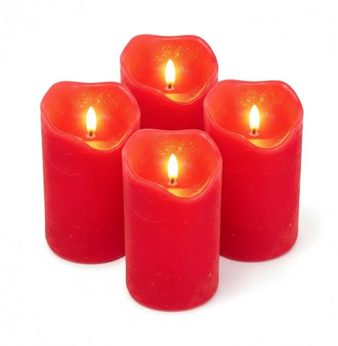 ToCi 4 x LED Kerzen Hellrot Ø 7,5 x 12,5 cm – Flammenlose Echtwachskerzen mit Timer & schwarzem Docht - LED-Stumpenkerzen für Advent, Grablicht & Tischdeko - Batteriebetrieben