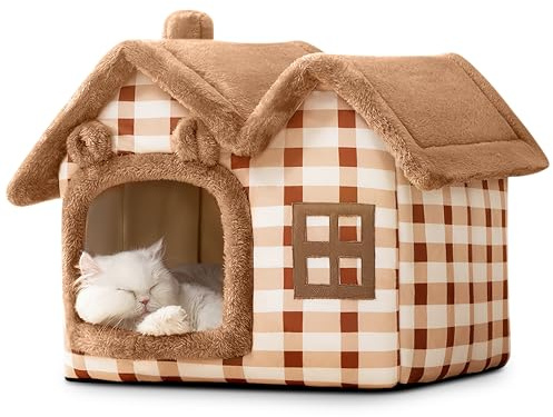 ALLSOPETS Niche pour Chat et Chien Intérieur Maison de Chat Igloo Pliable avec Coussin Amovible, Lit Chaud et Confortable Lavable pour Chatons Chiots Petits Chiens (Ours Brun, L)