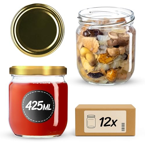 KADAX 12er Set Einmachgläser 425ml TO82 Gold, Sturzgläser Mason Jar mit Schraubdeckel, Luftdichte Twist-off Gläser, Meal Prep, Overnight Oats, Sauerteig