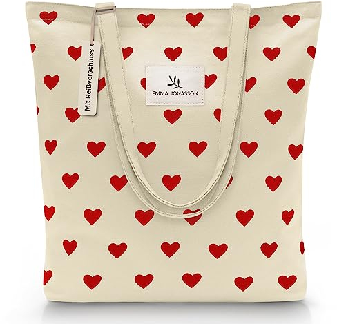 Emma Jonasson Jutebeutel mit Reißverschluss - Stilvoller Shopper Damen mit Innentasche - Einkaufstasche mit langem Henkel - Perfekte Tasche als Tote bag, Schultertasche, Stofftasche groß mit Herzen