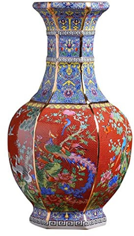 Vase chinois en céramique, fait à la main, vase chinois traditionnel en porcelaine, décoration d'intérieur, vase chinois en forme de bouteille d'oiseau, vase décoratif asiatique rouge