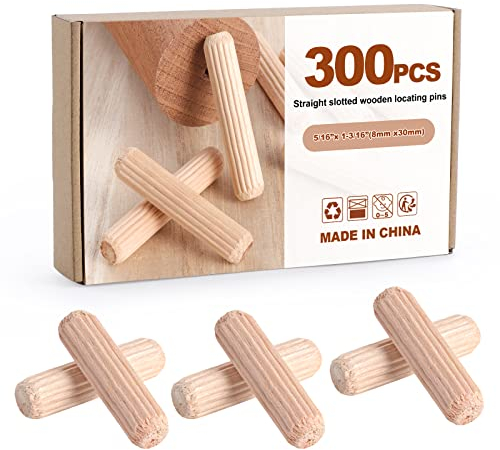 Kinsinder Tasselli in Legno, Scanalate in Legno, Perni di Legno Duro Perno Scanalato, Spine Legno per Progetti di Artigianato di Mobili e Fai Da Te (300 Pezzi 8x30mm)