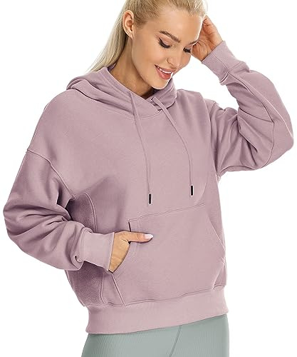 icyzone Women's Fleece Lined Hooded Sweatshirt Tops, Oversized Casual Pullover with kangroo Pocket & Drawstrin (Lilac, XL)
