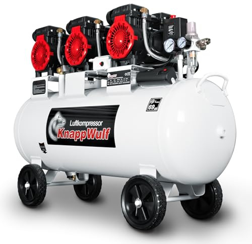 KnappWulf Compresor silencioso Compresor Compresor de aire KW4100 con caldera de 100L, 3300W, 10 bar, 660L/min, sin aceite, incluye separador de agua, reductor de presión, grifo de drenaje de