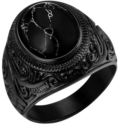 Flongo Black Onyx Stone Rings: Gothic Artificial Tiger Eye Stone Signet Ring for Men Classic Punk Stainless Steel Biker Rings