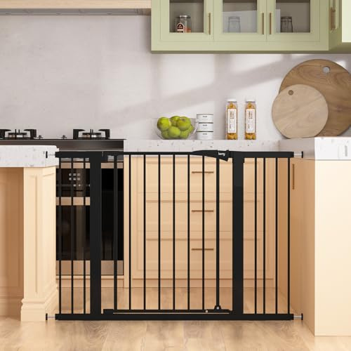 keny 29.7-46 Baby Gate for Stairs, Auto Close Dog Gates for Doorways, Pressured Mounted No Drilling Pet Gate Extra Wide, One-Hand Opening Dual Lock Stair Gate, Indoor Kids Necessities, Black