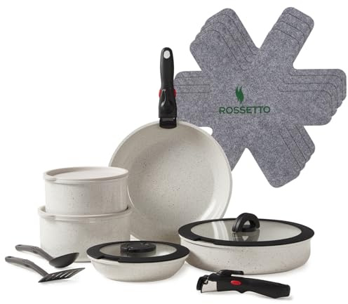 ROSSETTO 17-Teilig Topfset Induktion mit abnehmbarem Griff und keramische Antihaftbeschichtung, Aluminium stapelbar Kochtopf Set mit Bratpfanne 20/28CM, Kasserolle 18/20CM, Schmorpfanne 28CM, Ofenfest