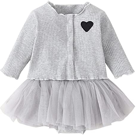 Mashaouyo Strick-Set für Babys, Neugeborene, Mädchen, Jungen, gestrickt, einfarbig, Frühling, Winter, langärmelig, Strickjacke, Strampler, Kleid, Mütze, Kleidungsset (Grau, 0–3 Monate)