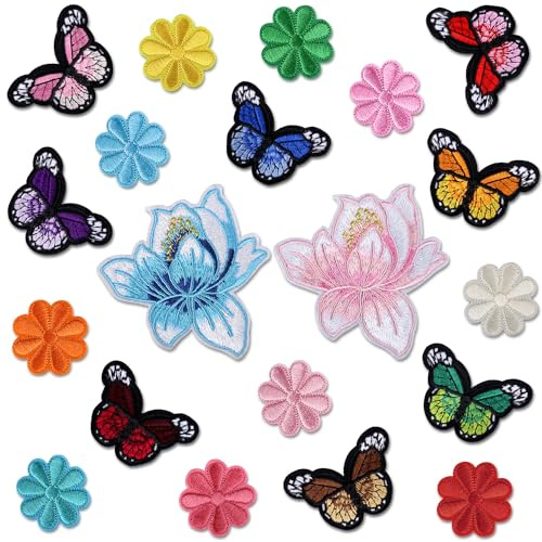 Ezydka Patches zum Aufbügeln Blumen 20 Stück Bügelflicken für Kinder, Flicken zum Aufbügeln für DIY Kleidung Jacken Rucksäcke Jeans Patches, Blumen und Schmetterling