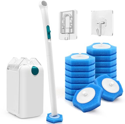 NEWE Disposable Toilet Brush, Toilet Bowl Wand Holder Set with Upgraded Clamping System, 16 PCS Cleaner Refills, Bathroom Cleaning Tool for Sink Bathtub Drain Wash Basin Urinal