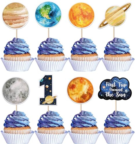SYKYCTCY 40 Pack Outer Space Cupcake Toppers Planet Rocket Spaceship Moon Star First Birthday Cupcake Picks Solar System Galaxy Universe Planets 1st Birthday Cupcake Decorations Party Supplies