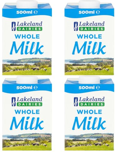 Lakeland UHT Whole Milk 500ml Pack of 4 Full Fat 3.5% Long Shelf Life Calcium Dairy Drink Screw Top Multipack Catering Hospitality Office Pantry with Welari Thank You Card | (4pack) (2000ml)