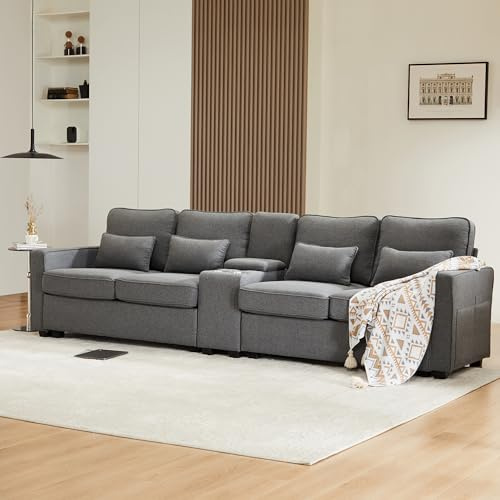 Sapgaks - Sofá sencillo y moderno de 4 plazas de lino con consola, 2 portavasos, 2 puertos USB con bolsillos para brazos y 4 cojines, adecuado para varias ocasiones, color gris oscuro